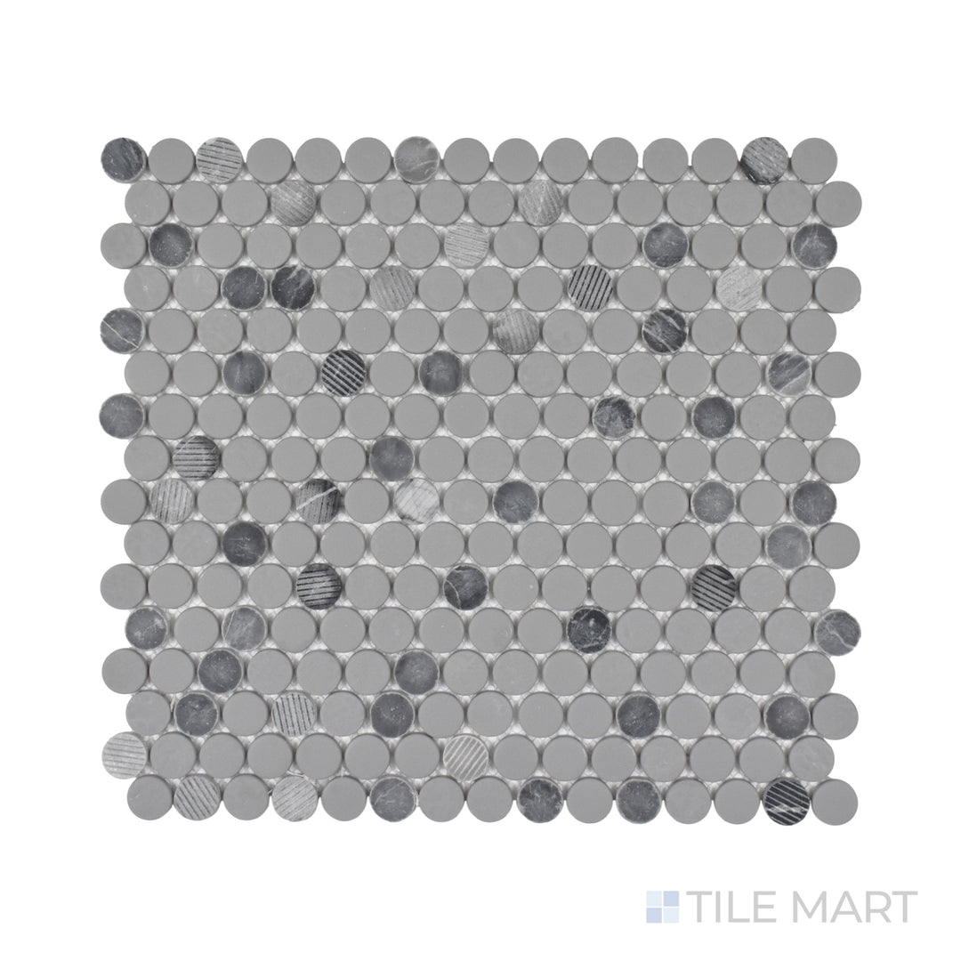 A refined close-up of Rockart Gray Penny Round Matte and Polished Granite Mosaic, featuring cool gray tones with a combination of textures for added depth and character.