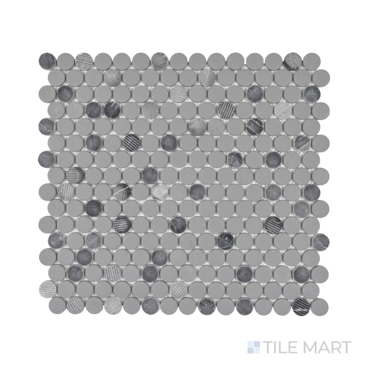 A refined close-up of Rockart Gray Penny Round Matte and Polished Granite Mosaic, featuring cool gray tones with a combination of textures for added depth and character.