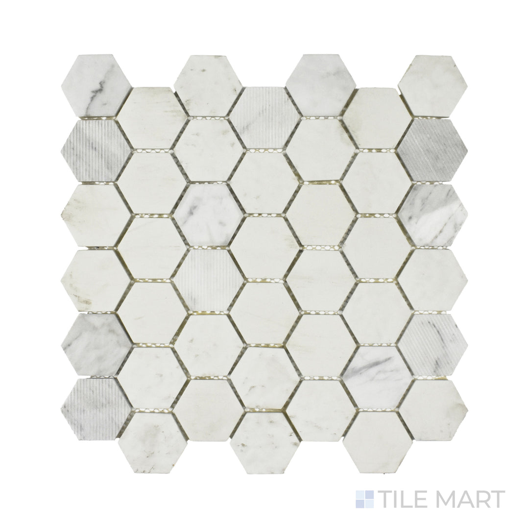 Focused view of Rockart Carrara Hexagon Matte and Polished Marble Mosaic, where the natural Carrara veining meets a dual-finish surface for a balanced, sophisticated look.