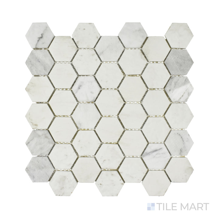 Focused view of Rockart Carrara Hexagon Matte and Polished Marble Mosaic, where the natural Carrara veining meets a dual-finish surface for a balanced, sophisticated look.