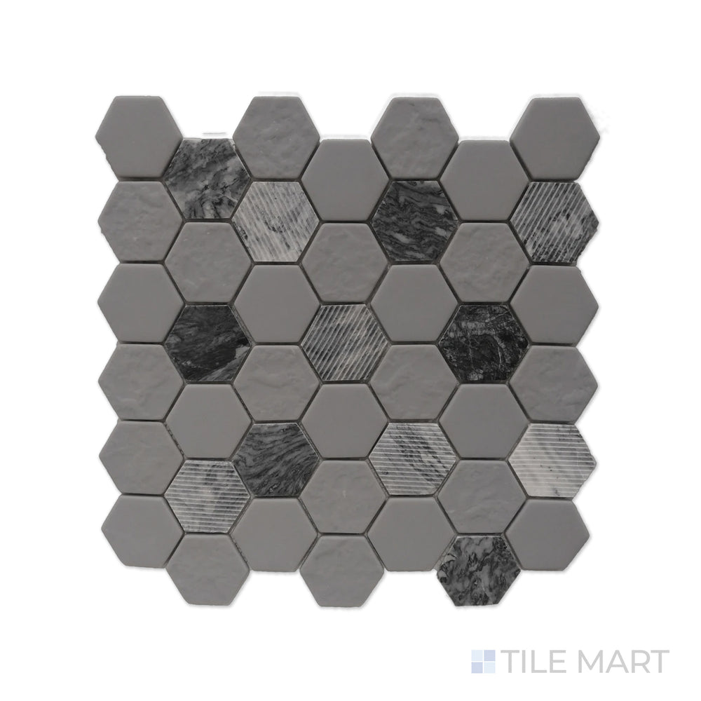 A close-up perspective of Rockart Gray Hexagon Matte and Polished Granite Mosaic, featuring intricate stone textures with a modern hexagonal layout for added visual appeal.