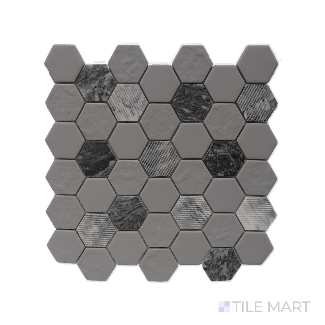 A close-up perspective of Rockart Gray Hexagon Matte and Polished Granite Mosaic, featuring intricate stone textures with a modern hexagonal layout for added visual appeal.
