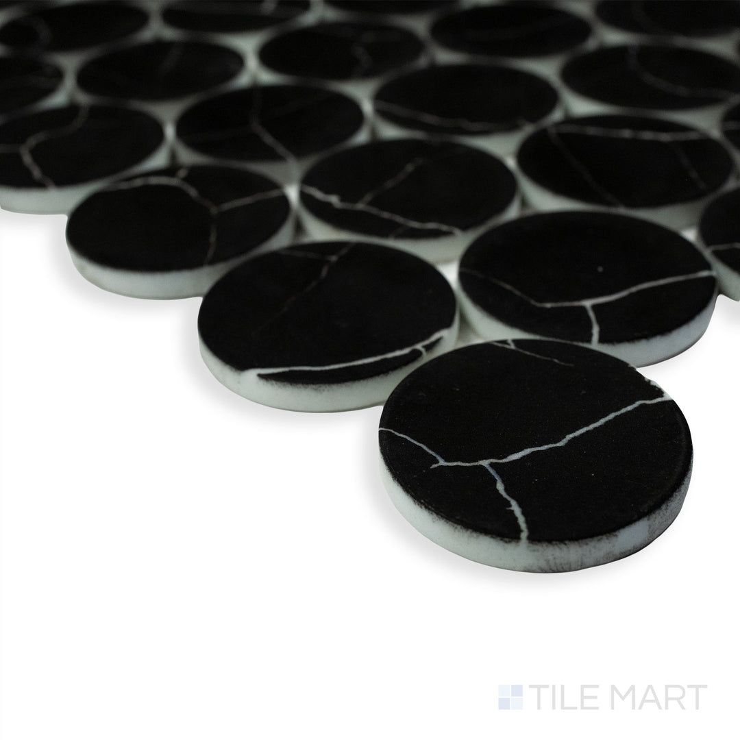 Rockart Nero Marquina Dots matte marble mosaic in a corner perspective, showcasing its striking black marble base with white dot details.