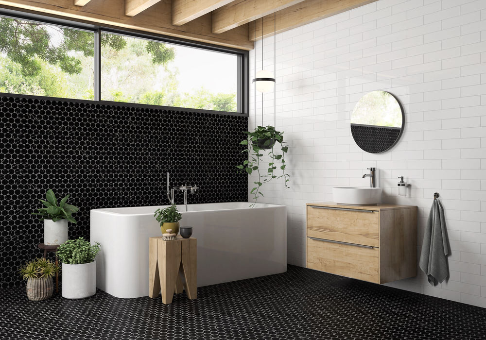 Rockart Nero Marquina dots matte marble mosaic creates a striking contrast, blending bold design with timeless sophistication.