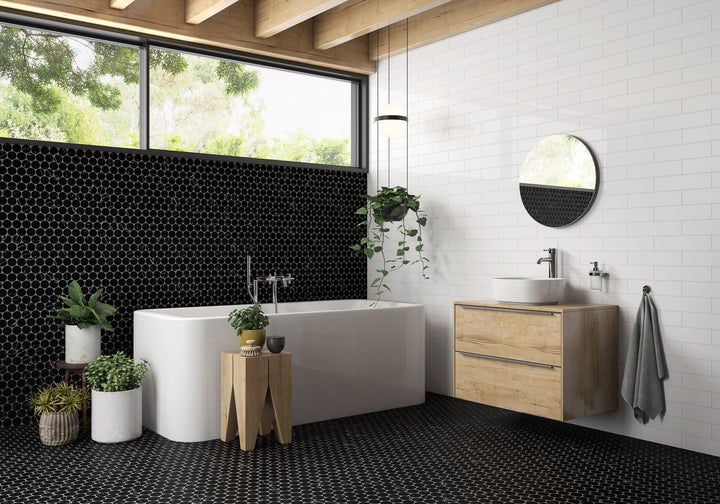 Rockart Nero Marquina dots matte marble mosaic creates a striking contrast, blending bold design with timeless sophistication.