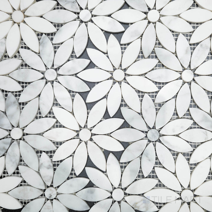 An overhead view of the Rockart Daisy Flower Polished Carrara and Ariston mosaic showcases its intricate floral pattern with polished white and gray marble, adding a delicate and elegant touch.