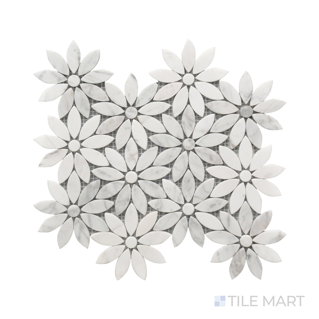 Close-up of Rockart Daisy Flower Polished Carrara, Ariston Mosaic, featuring intricate floral-inspired patterns crafted from premium Carrara and Ariston marble. The polished surface enhances its refined beauty.