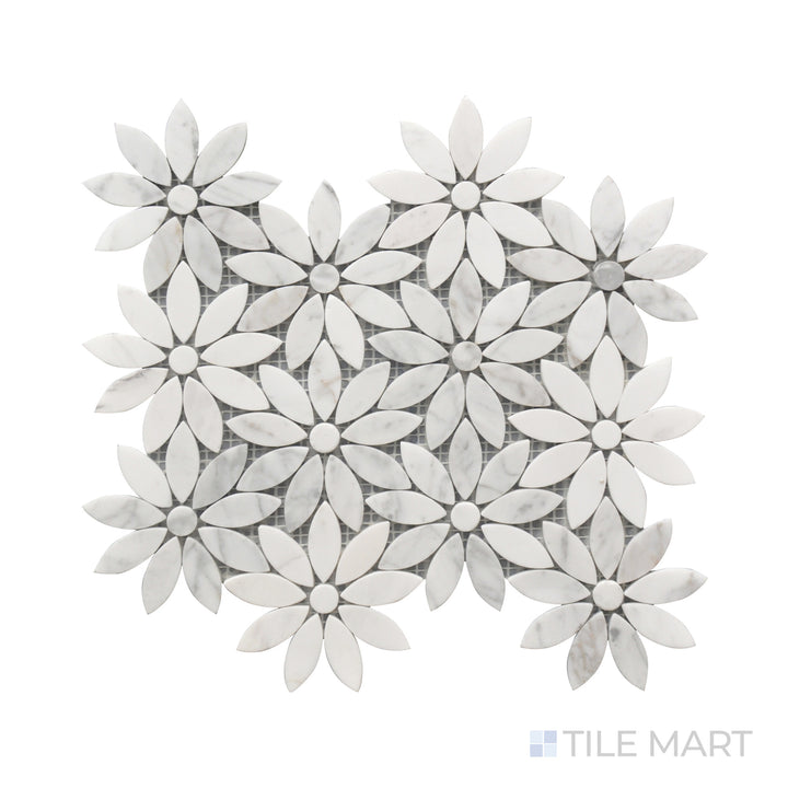 Close-up of Rockart Daisy Flower Polished Carrara, Ariston Mosaic, featuring intricate floral-inspired patterns crafted from premium Carrara and Ariston marble. The polished surface enhances its refined beauty.