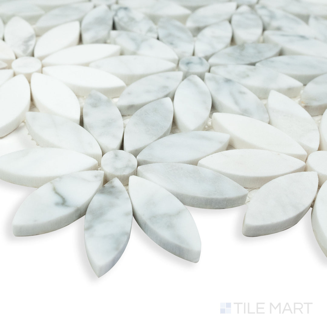 Rockart Daisy Flower polished Carrara and Ariston marble mosaic in a corner shot, emphasizing its floral-inspired pattern with smooth polished finishes.