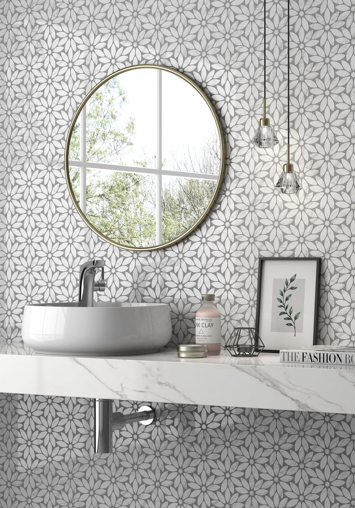 Inspired by nature, Rockart Daisy Flower polished Carrara and Ariston mosaic brings a delicate, artistic elegance to your surroundings.