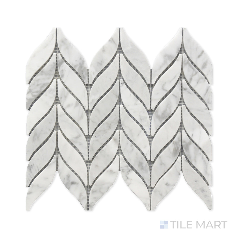 Zoomed-in view of Rockart Spike Polished Carrara Mosaic, highlighting its geometric arrangement with crisp white Carrara marble. The polished finish enhances the dynamic contrast.