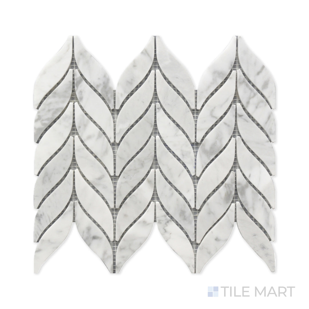 Zoomed-in view of Rockart Spike Polished Carrara Mosaic, highlighting its geometric arrangement with crisp white Carrara marble. The polished finish enhances the dynamic contrast.