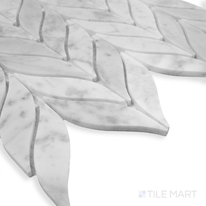 A detailed corner view of Rockart Spike polished Carrara marble mosaic, featuring its dynamic geometric design and luxurious white marble finish.