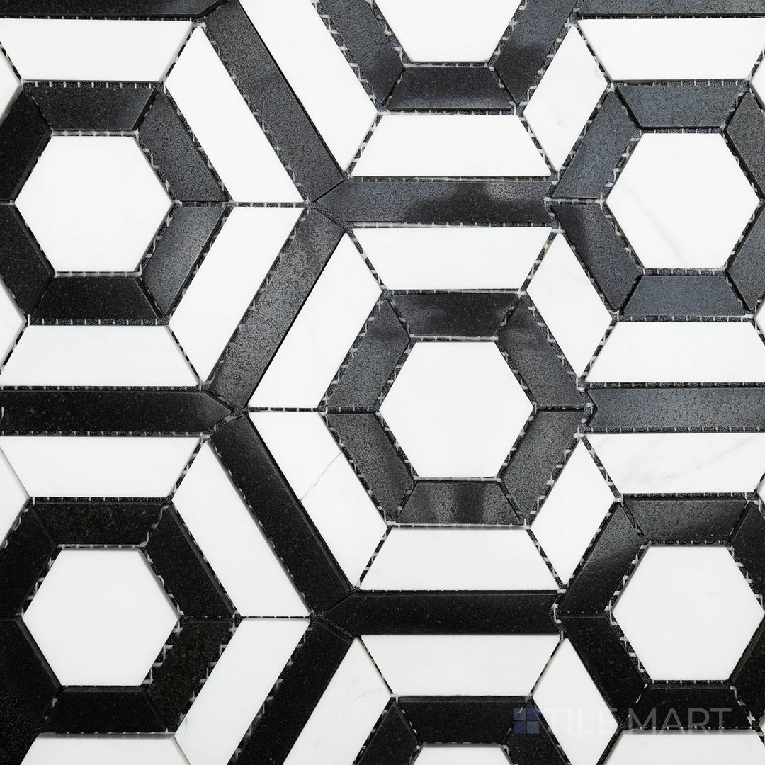 Seen from above, the Rockart Black & White Hexagon Polished Ariston mosaic features a classic hexagonal layout with contrasting black and white polished marble, offering a timeless and sophisticated appeal.
