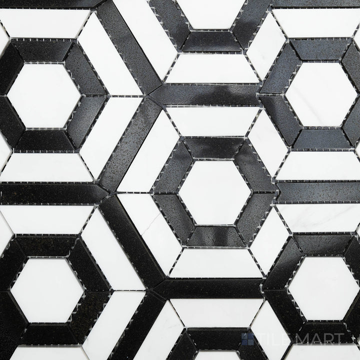 Seen from above, the Rockart Black & White Hexagon Polished Ariston mosaic features a classic hexagonal layout with contrasting black and white polished marble, offering a timeless and sophisticated appeal.