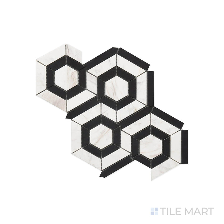 Detailed look at Rockart Black & White Hexagon Polished Ariston Mosaic, showcasing a bold contrast between rich black and bright white marble. The polished surface elevates its striking visual appeal.