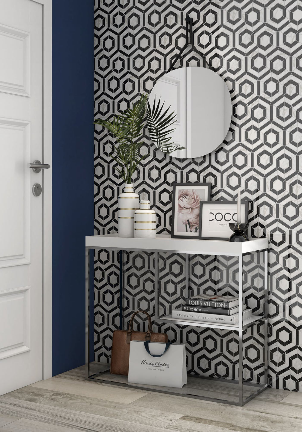 Classic yet contemporary, Rockart Black & White hexagon polished Ariston mosaic enhances interiors with its refined, geometric pattern.