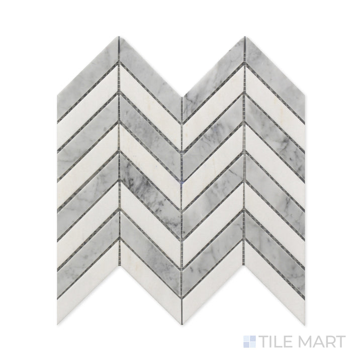 A refined close-up of Rockart White & Gray Chevron Polished Thassos, Carrara Mosaic, featuring an elegant zigzag pattern with a blend of white and gray marble. The polished finish enhances its depth and dimension.