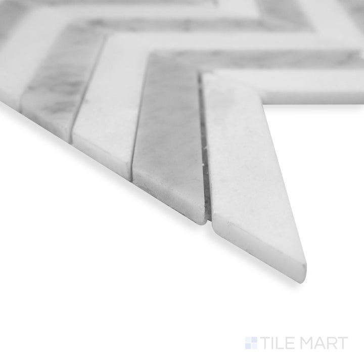 Rockart White & Gray Chevron polished Thassos and Carrara mosaic in a stylish corner perspective, showcasing its elegant V-pattern and polished marble texture.