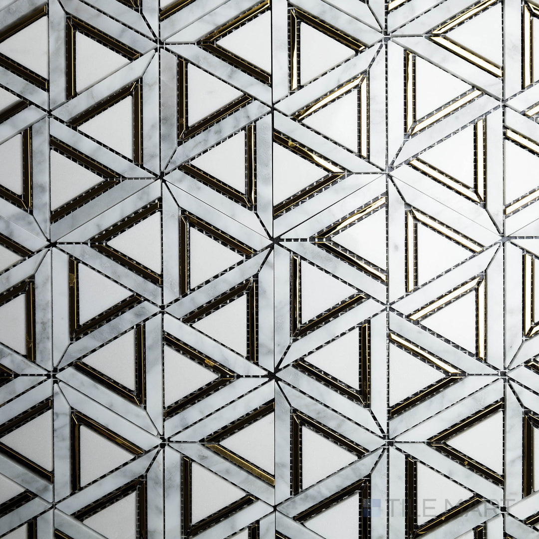 This bird’s-eye perspective of the Rockart Carrara White Metal Geo Polished mosaic showcases its combination of polished white Carrara marble with metallic accents, bringing a refined and futuristic look.