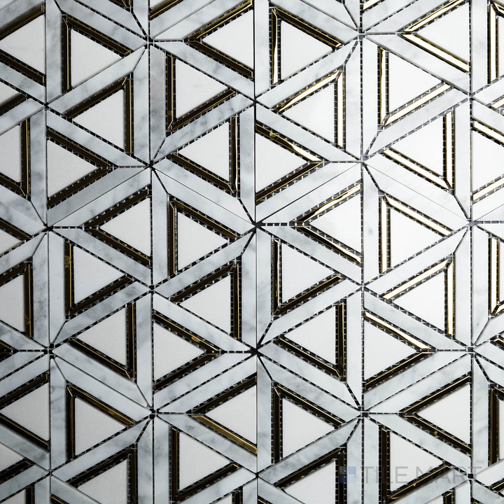 This bird’s-eye perspective of the Rockart Carrara White Metal Geo Polished mosaic showcases its combination of polished white Carrara marble with metallic accents, bringing a refined and futuristic look.