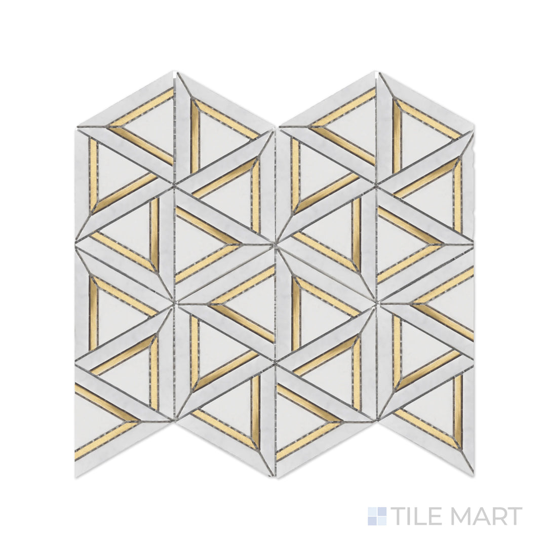 Close-up of Rockart Carrara White Metal Geo Polished Mosaic, where geometric precision meets natural Carrara veining. The polished surface adds a sophisticated sheen.