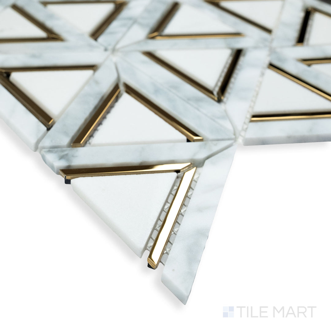 A modern corner view of Rockart Carrara White Metal Geo polished mosaic, highlighting its intricate geometric metal inlay and luxurious white marble base.