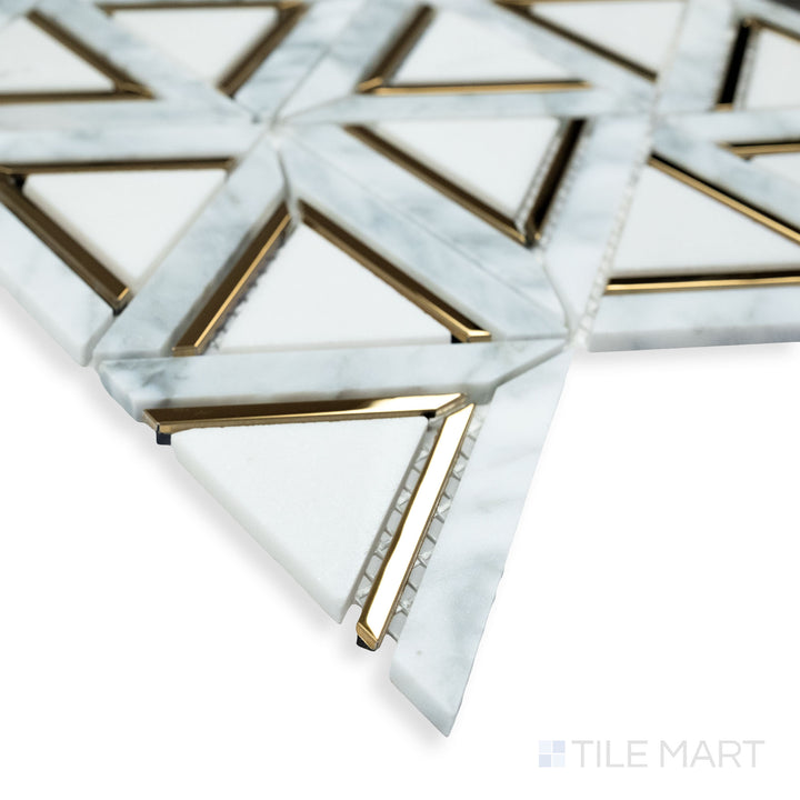 A modern corner view of Rockart Carrara White Metal Geo polished mosaic, highlighting its intricate geometric metal inlay and luxurious white marble base.