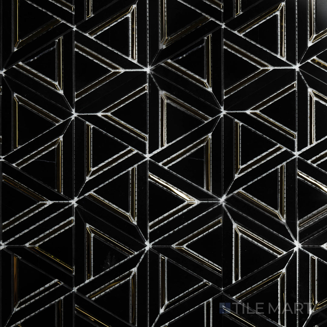 A top-down perspective of the Rockart Nero Marquina Metal Geo Polished mosaic displays its bold black marble with metallic geometric elements, adding depth and contrast to interiors.