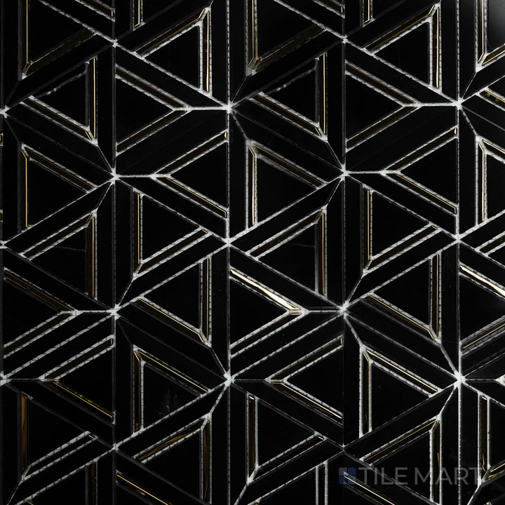 A top-down perspective of the Rockart Nero Marquina Metal Geo Polished mosaic displays its bold black marble with metallic geometric elements, adding depth and contrast to interiors.