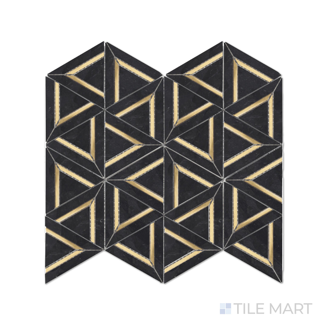 A detailed look at Rockart Nero Marquina Metal Geo Polished Mosaic, featuring a contemporary mix of deep black marble and metal accents for a bold, refined aesthetic.