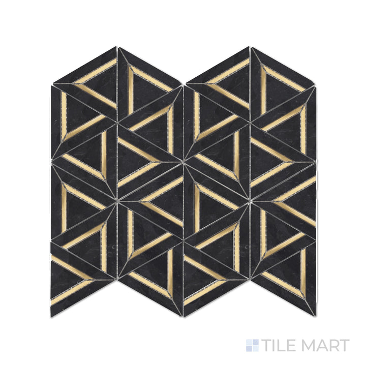 A detailed look at Rockart Nero Marquina Metal Geo Polished Mosaic, featuring a contemporary mix of deep black marble and metal accents for a bold, refined aesthetic.