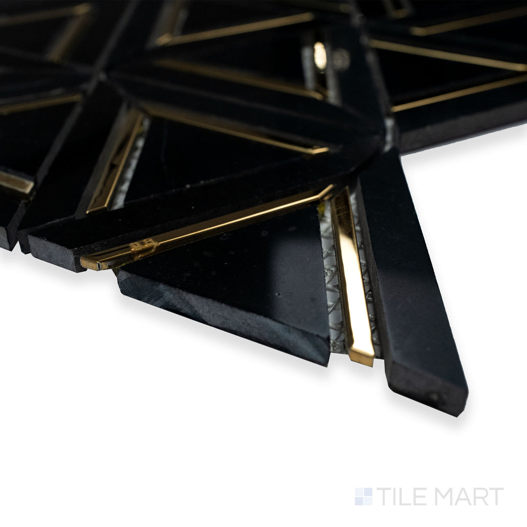 Rockart Nero Marquina Metal Geo polished mosaic in a close-up corner shot, emphasizing its deep black marble with sleek metal geometric accents.