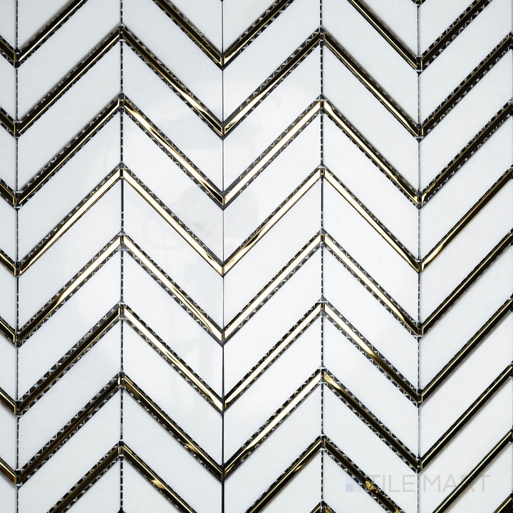 An overhead shot of the Rockart Thassos Metal Arrow Marble mosaic emphasizes its polished white Thassos marble with metal arrow inlays, creating a sleek and directional design.