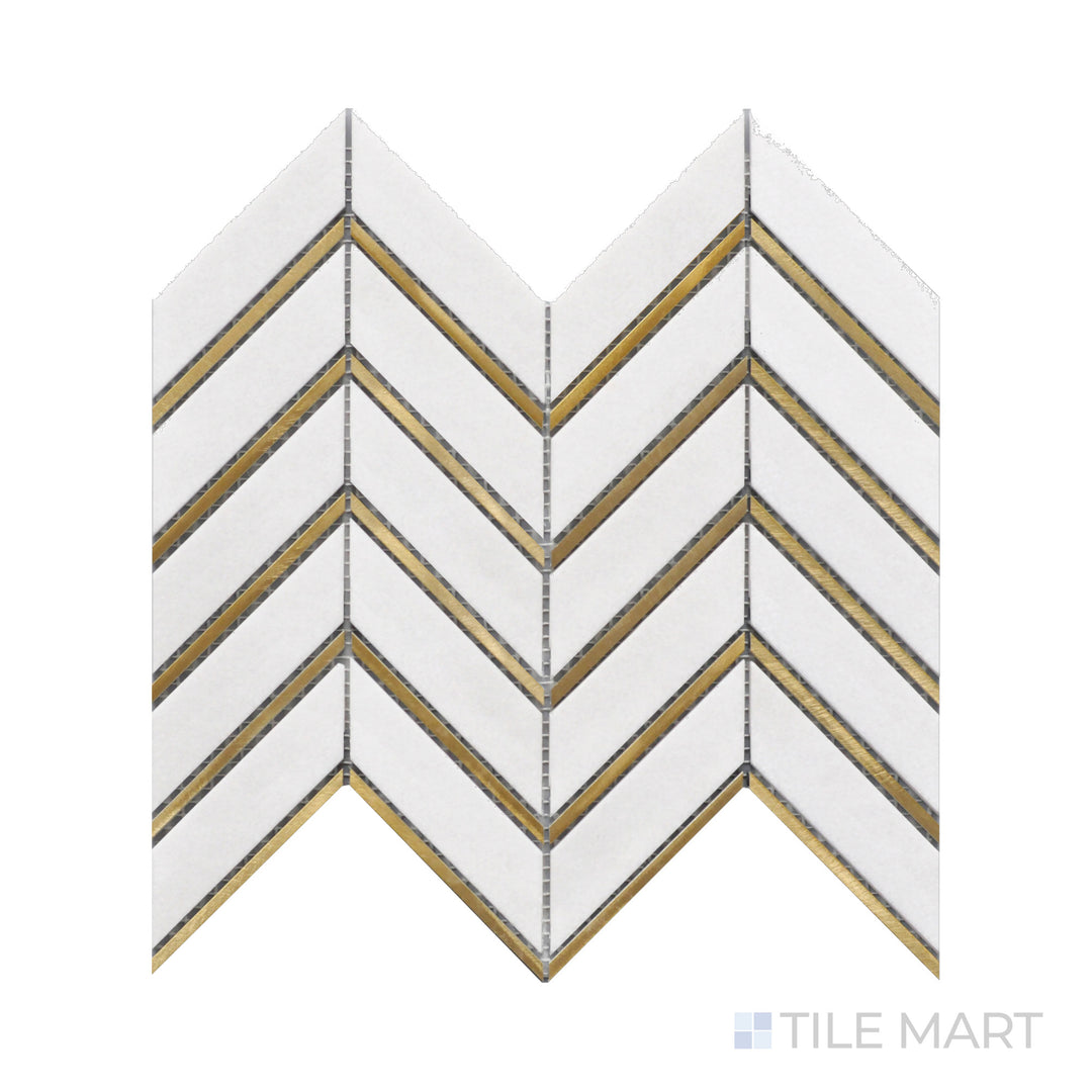 Focused close-up of Rockart Thassos Metal Arrow Marble Mosaic, showcasing its angular arrangement of pristine white Thassos marble with sleek metallic accents.