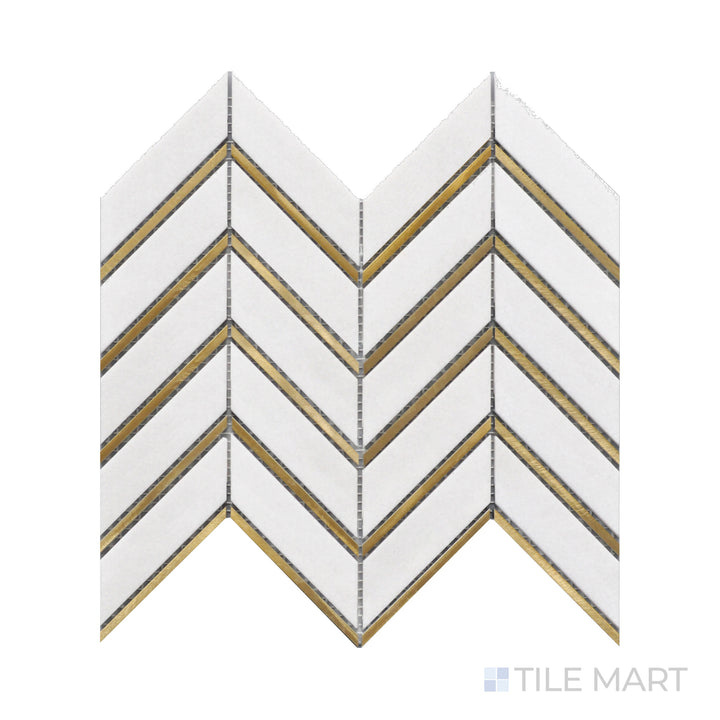 Focused close-up of Rockart Thassos Metal Arrow Marble Mosaic, showcasing its angular arrangement of pristine white Thassos marble with sleek metallic accents.