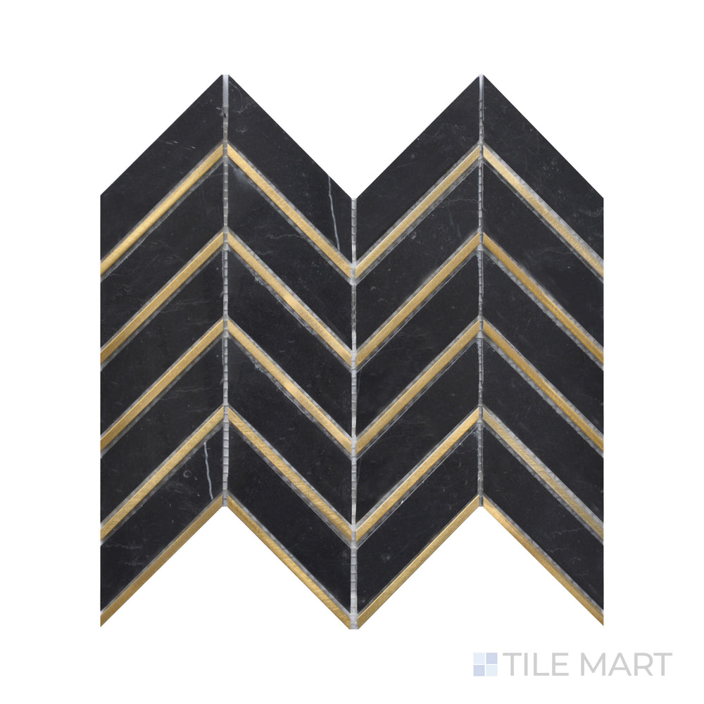 Close-up of Rockart Nero Metal Arrow Polished Mosaic, emphasizing its deep black tones with a striking arrow pattern enhanced by a high-polish finish.