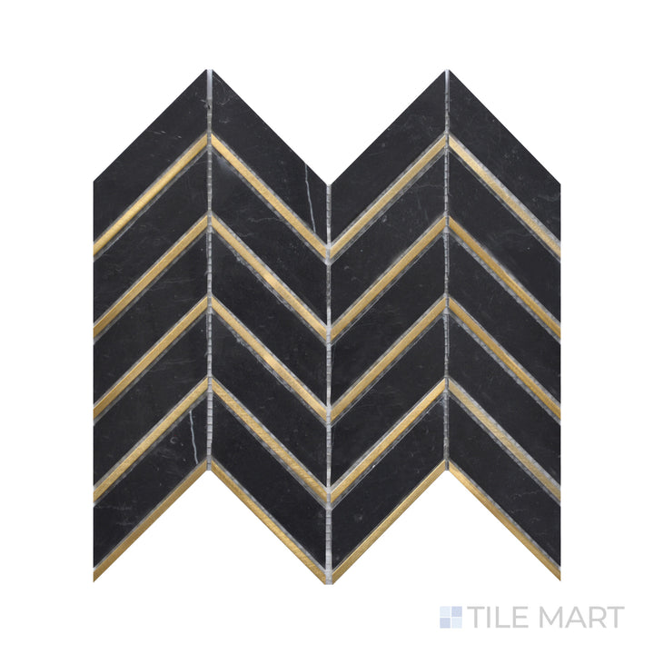 Close-up of Rockart Nero Metal Arrow Polished Mosaic, emphasizing its deep black tones with a striking arrow pattern enhanced by a high-polish finish.