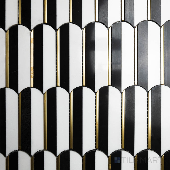 A high-angle view of the Rockart Nero Marquina & Thassos Oval Polished mosaic showcases its smooth oval shapes in contrasting black and white marble, offering a modern and dynamic look.