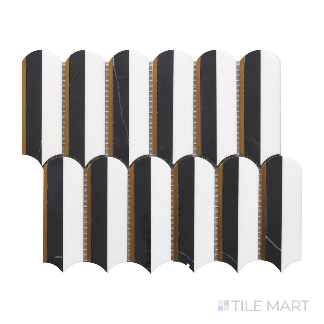 Zoomed-in view of Rockart Nero Marquina & Thassos Oval Polished Mosaic, featuring a seamless blend of bold black and crisp white marble with smooth, polished detailing.