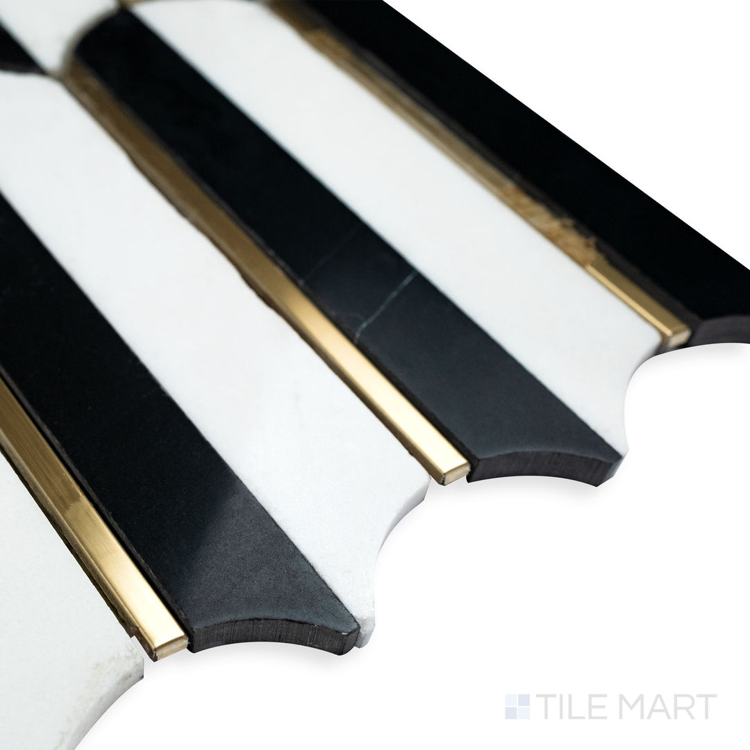 A refined corner view of Rockart Nero Marquina & Thassos Oval polished mosaic, showcasing the contrast of deep black and crisp white marble in an oval pattern.