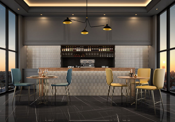 Elegantly curved, Rockart Nero Marquina & Thassos oval polished mosaic delivers a stunning interplay of contrast and shape.