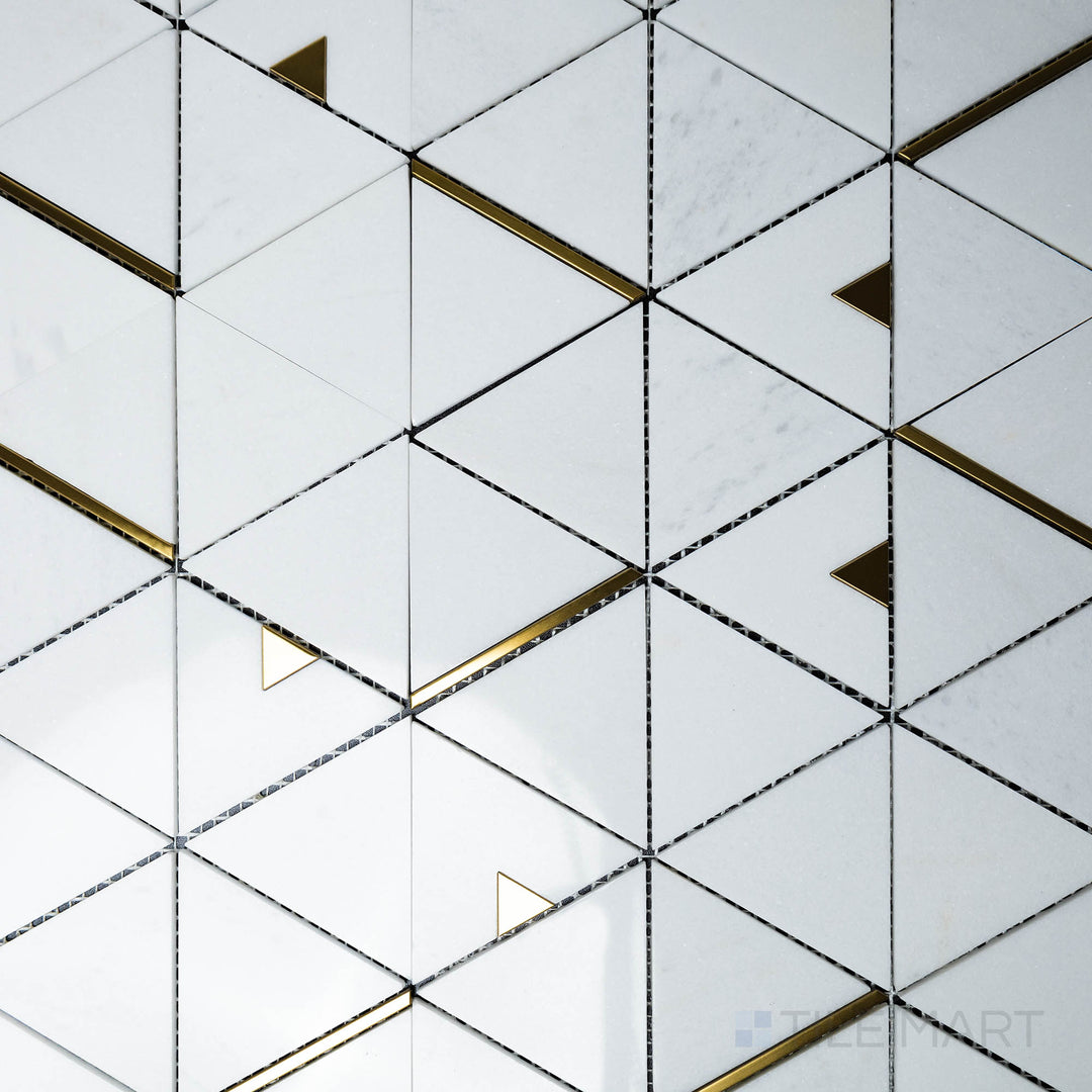 An overhead view of the Rockart Thassos Triangle Polished Mosaic showcases its crisp white Thassos marble in a geometric triangle pattern, offering a clean and modern aesthetic.