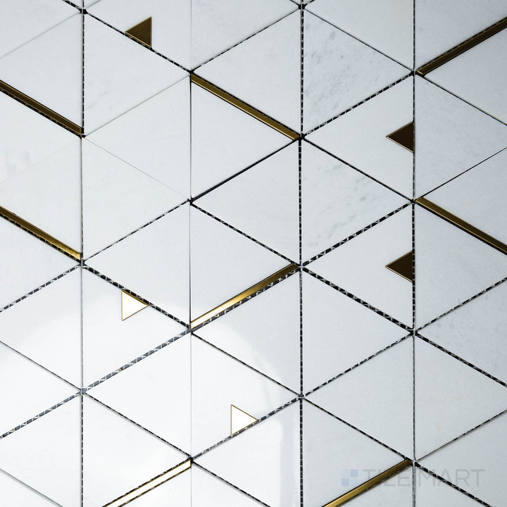 An overhead view of the Rockart Thassos Triangle Polished Mosaic showcases its crisp white Thassos marble in a geometric triangle pattern, offering a clean and modern aesthetic.