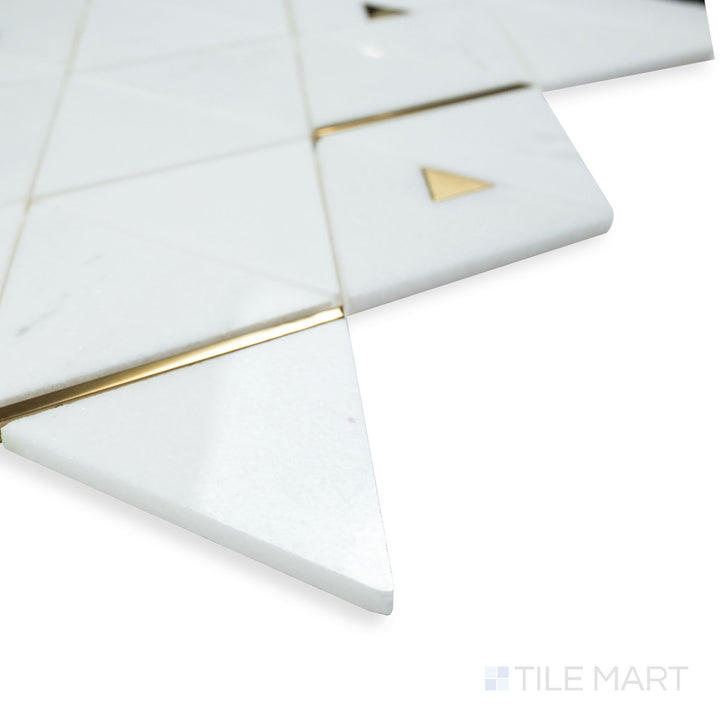 Rockart Thassos Triangle polished mosaic in a corner shot, emphasizing its sharp triangular geometry and pristine white marble surface.