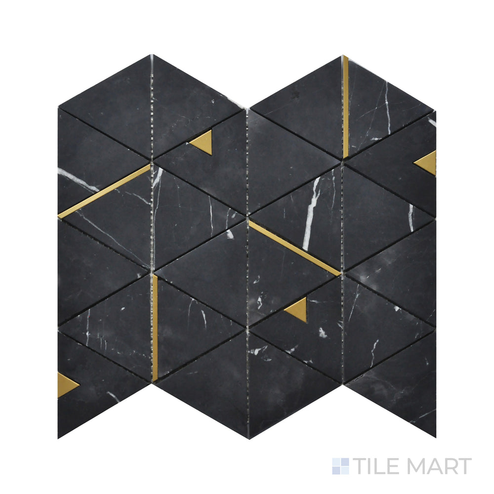 Close-up of Rockart Nero Marquina Triangle Polished Mosaic, showcasing its bold black marble with striking white veining arranged in a precise triangular layout.