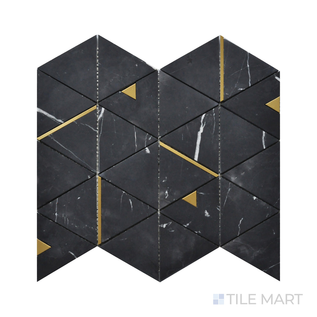 Close-up of Rockart Nero Marquina Triangle Polished Mosaic, showcasing its bold black marble with striking white veining arranged in a precise triangular layout.