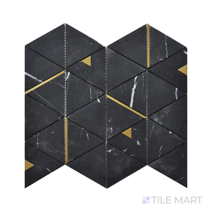 Close-up of Rockart Nero Marquina Triangle Polished Mosaic, showcasing its bold black marble with striking white veining arranged in a precise triangular layout.
