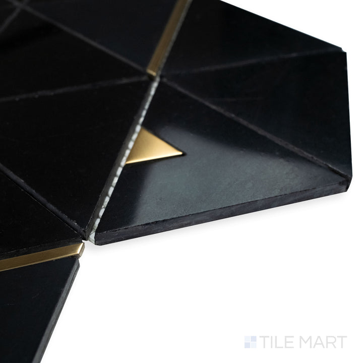 A sleek and modern corner shot of Rockart Nero Marquina Triangle polished mosaic, featuring deep black tones and a sharp geometric arrangement.