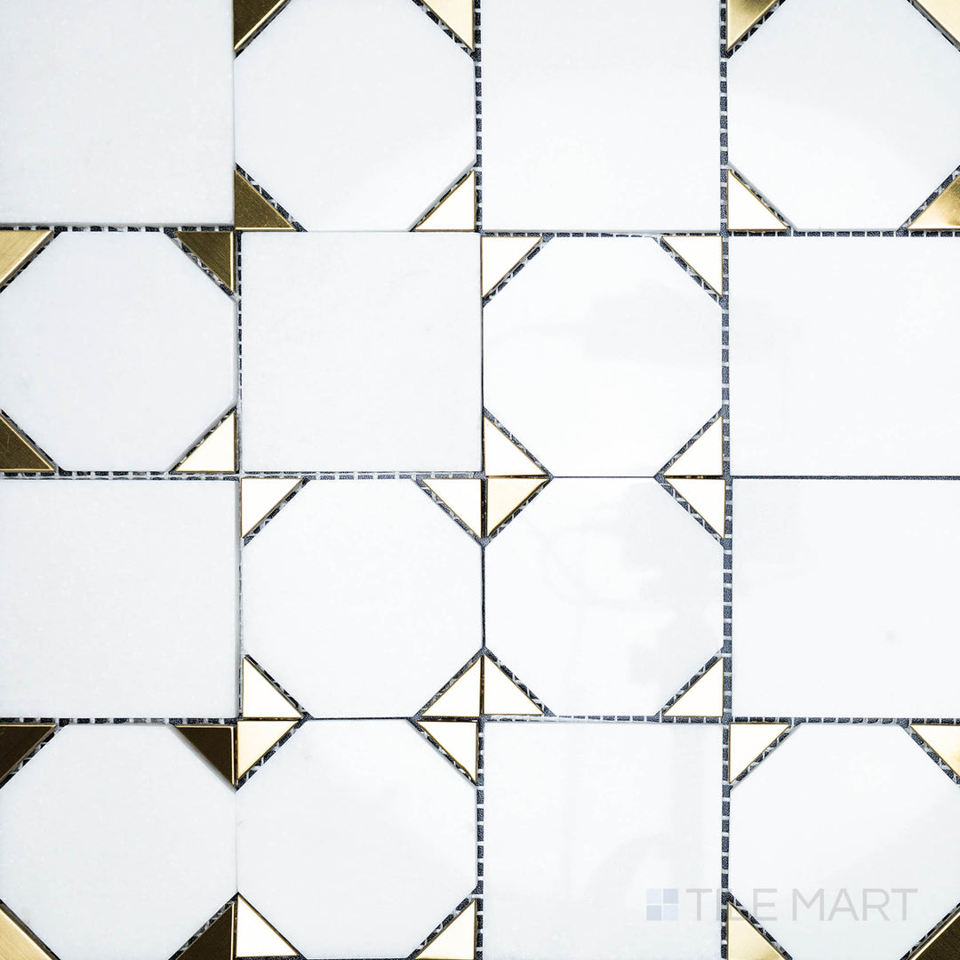 Seen from above, the Rockart Thassos Square Polished Marble and Stainless Steel Mosaic features a sleek blend of white marble and metallic accents, creating a contemporary grid-like design.